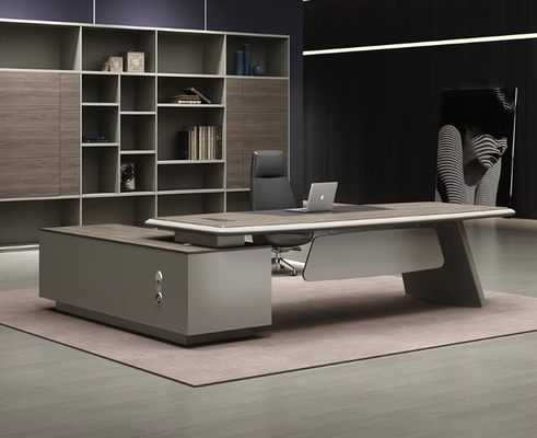 Escritório moderno em forma de L, escritório ergonômico, escritório executivo de luxo, escritório e cadeira, chefe executivo, escritório de madeira