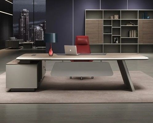 Escritório moderno em forma de L, escritório ergonômico, escritório executivo de luxo, escritório e cadeira, chefe executivo, escritório de madeira