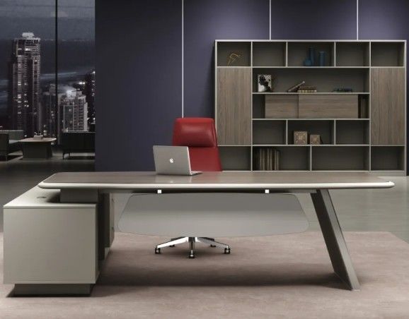 Escritório moderno em forma de L, escritório ergonômico, escritório executivo de luxo, escritório e cadeira, chefe executivo, escritório de madeira