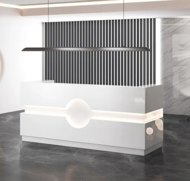 Mesa de recepção de estilo moderno e luxuoso com LED, mobiliário de recepção de escritório personalizado, recepção para várias pessoas